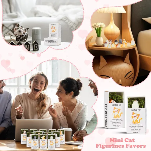 Miniatura 5 de Cinnvoice 12 juegos de minifiguras de resina positivas para fiestas de gatos, con cajas de soporte, recuerdos de fiesta a granel para empleados