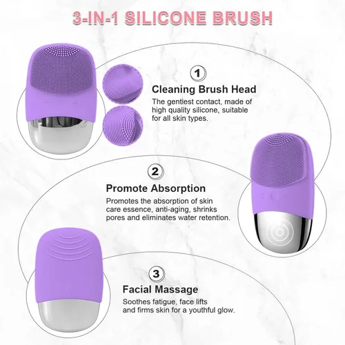 Miniatura 4 de MEGAN Cepillo de limpieza facial, limpiador facial de silicona eléctrico recargable por USB, masajeador facial sónico impermeable IPX7, cepillo