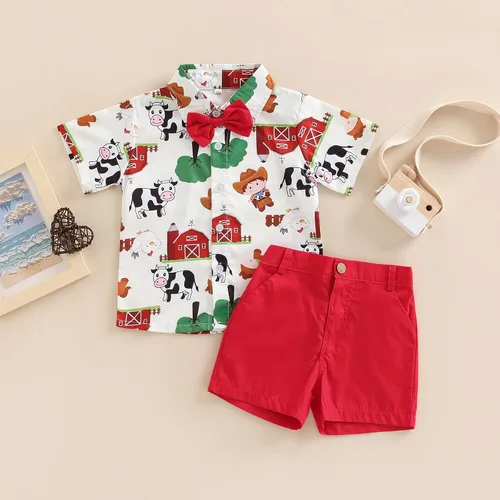 Miniatura 2 de Chloefairy Conjunto de 2 piezas de ropa de verano con estampado de vaca de manga corta con botones y pantalones cortos