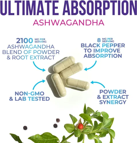 Miniatura 4 de Ashwagandha Supplements - La mejor cápsula de raíz y polvo de Ashwagandha con pimienta negra para una máxima absorción, calma y descanso