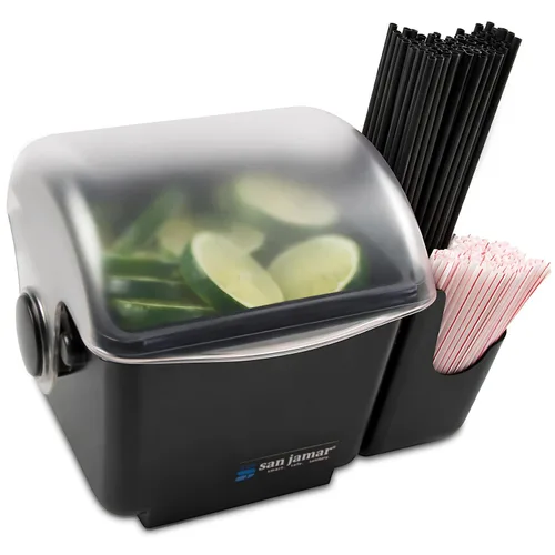 San Jamar BD2002CAR - Centro de decoración de cúpula pequeña con bandeja refrigerable y carrito para mano derecha (1 cuarto de galón, negro, NSF)