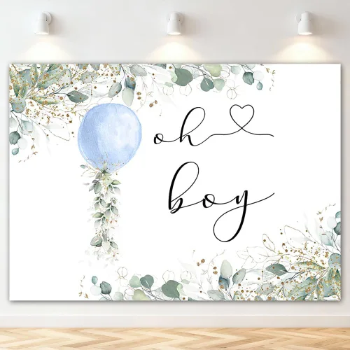 Mocsicka Telón de fondo Oh Boy con globo azul, fondo verde para baby shower, eucalipto botánico, baby shower, fiesta, pastel, decoración de mesa,
