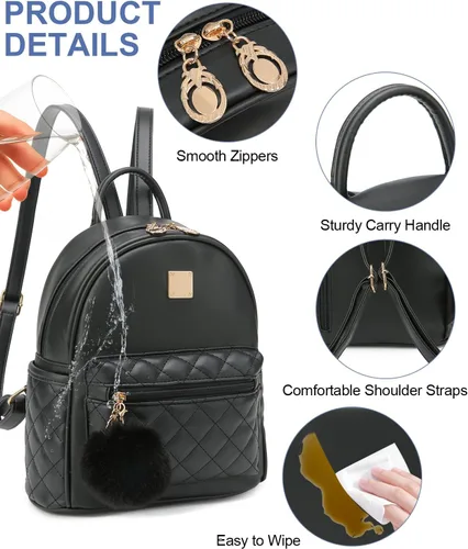Miniatura 6 de Mini mochila de moda para niñas, bolso pequeño lindo de cuero a cuadros para mujer, mochilas pequeñas, Negro -, Mini mochila de moda para niñas