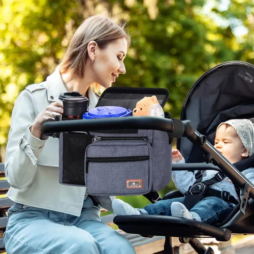 Miniatura 7 de Homlynn Organizador universal para cochecito, bolsa de almacenamiento grande con portavasos y correas de hombro y bolsillo desmontable, carrito