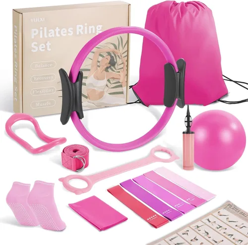 Miniatura 9 de Kit de equipo de pilates para el hogar: incluye un anillo de pilates de 14 pulgadas, una bola de pilates de 9.8 pulgadas, 5 bandas de resistencia
