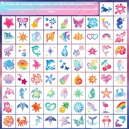 Miniatura 2 de CHARLENT Tatuajes temporales con purpurina para decoración de fiesta Aloha – 74 hojas individuales con purpurina de tatuajes de verano para niños