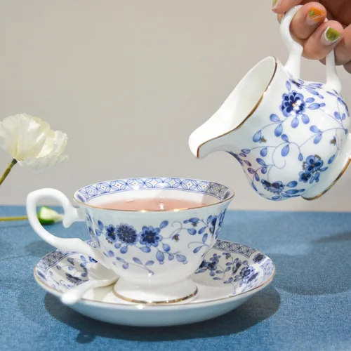 Miniatura 8 de Juego de té de porcelana de hueso, juego de té de porcelana de 21 piezas para adultos, tazas de té y platillos para 6, con tetera, cucharas, Azul