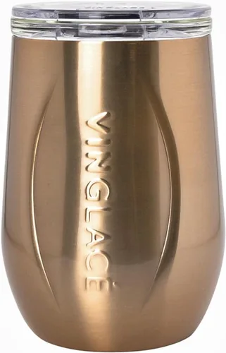 Vinglacé Vaso de vino de acero inoxidable sin tallo - Vaso de vino aislado con inserción de vidrio y tapa para beber, 10 oz, color cobre
