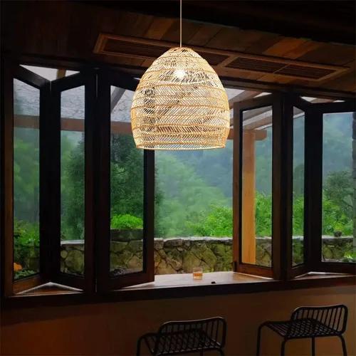 Miniatura 3 de Iluminación colgante de ratán y metal, lámpara colgante pastoral de techo hueco, luz tejida a mano de mimbre con pantalla de jaula de pájaros