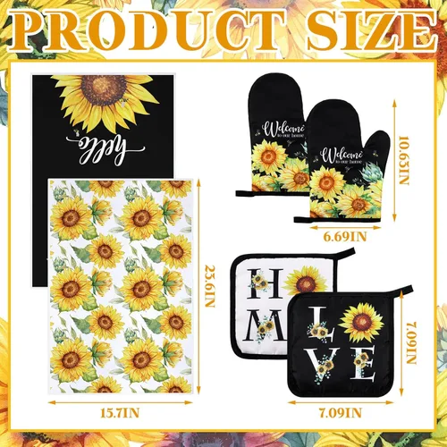 Miniatura 3 de Leinuosen 6 paños de cocina clásicos de girasol, juego de decoración y accesorios para la cocina, diseño floral de plantas, juego de guantes