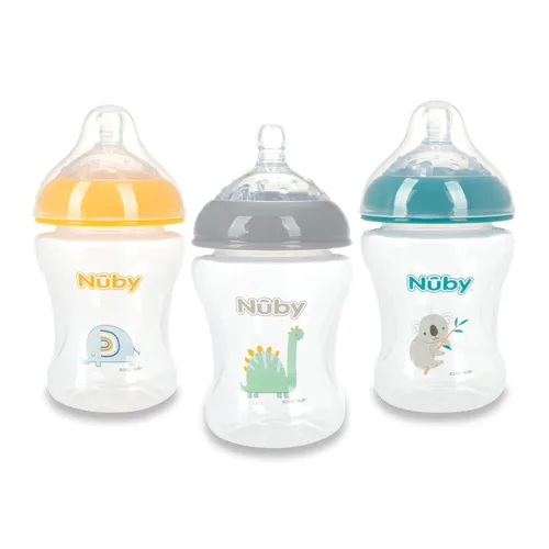 Nuby Paquete de 3 biberones para bebés con pezón de silicona de flujo lento tamaño mamario: 0+ meses, 8 onzas, paquete de 3: delicados estampados de