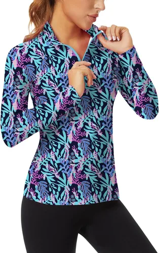 Miniatura 95 de WOWENY Camiseta deportiva de manga larga para mujer, con cremallera de un cuarto, cuello para entrenamiento, camiseta de tenis con estampado