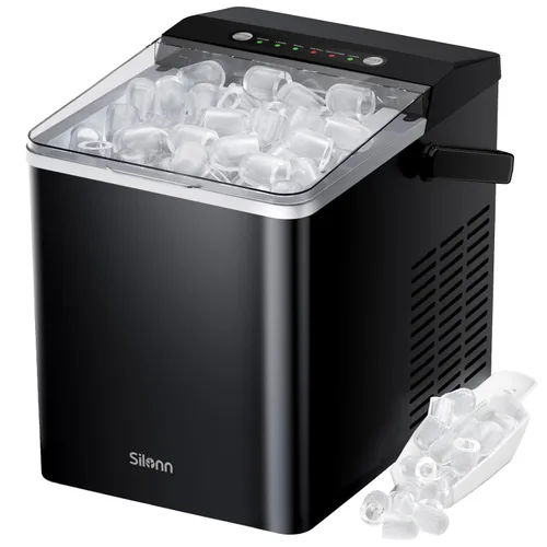 Miniatura 27 de Silonn Máquina de hielo para encimera con asa, 26 libras en 24 horas, 9 cubitos de hielo listos en 6 minutos, máquina de hielo autolimpiante