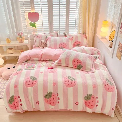 Miniatura 8 de Juego de funda de edredón de carrusel para niños, juego de ropa de cama kawaii rosa, tamaño Twin, funda de edredón y cobertor esponjosa con copos