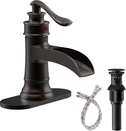 Miniatura 15 de Homevacious Grifo de lavabo de baño con cascada, monocontrol, negro mate y níquel cepillado, grifo mezclador para lavamanos, un orificio, palanca
