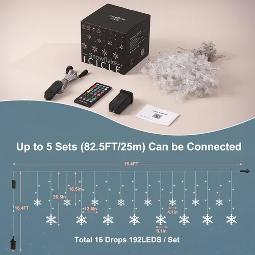 Miniatura 6 de Luces inteligentes de carámbano de copo de nieve de Navidad, 16.4 pies, 192 LED, 16 gotas, control remoto con aplicación enchufable en 16 millones