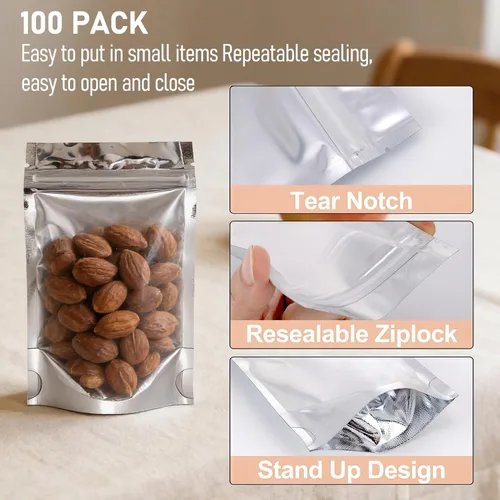 Miniatura 3 de Ellbest 100 bolsas de plástico resellables de aluminio Mylar de aluminio, bolsas de almacenamiento plateadas, bolsas de almacenamiento herméticas