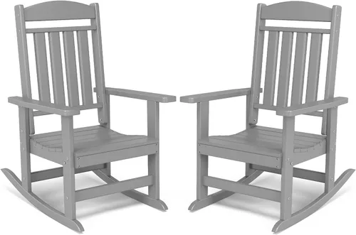 Miniatura 34 de FOOWIN Juego de sillas mecedoras de patio de 2 piezas, mecedora de porche con respaldo alto de HDPE, mecedora de porche de madera de polietileno
