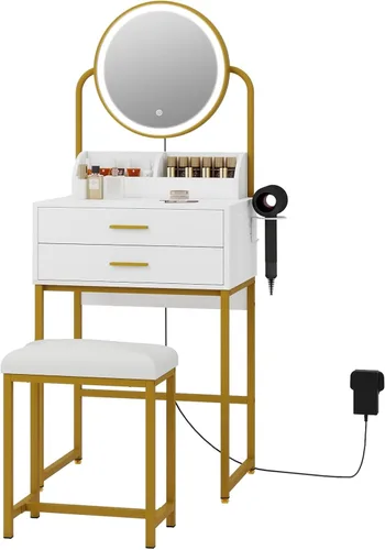 Miniatura 9 de ARTETHYS Escritorio pequeño con espejo y luces, tocador de maquillaje compacto blanco con silla, moderno tocador que ahorra espacio con cajón