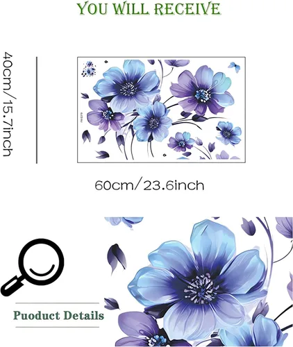 Miniatura 5 de Adhesivos de pared de flores de margaritas de tinta azul-morado, diseño floral de mariposa de sacinora calcomanías de pared removibles de vinilo