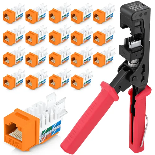 Miniatura 12 de Everest easyJACK - Juego de herramienta Keystone con ángulo de 45° para terminación rápida - con paquete de 20 conectores Keystone RJ45 Cat6 en rojo