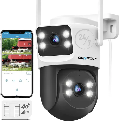GENBOLT Cámara de seguridad celular 4G LTE al aire libre sin WiFi, cámara de vigilancia PoE de doble lente CCTV con tarjeta SIM, grabación 24/7