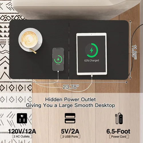 Miniatura 5 de LIDYUK Mesa auxiliar con estación de carga, mesa auxiliar estrecha con cajón, puertos USB y tomas de corriente, mesita de noche para espacios Negro