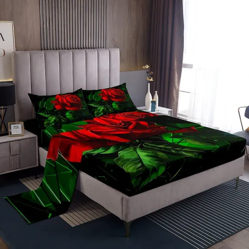 Manfei Juego de sábanas de rosas rojas, tamaño individual, juego de ropa de cama de hojas verdes para niñas, adultos, parejas, decoración de