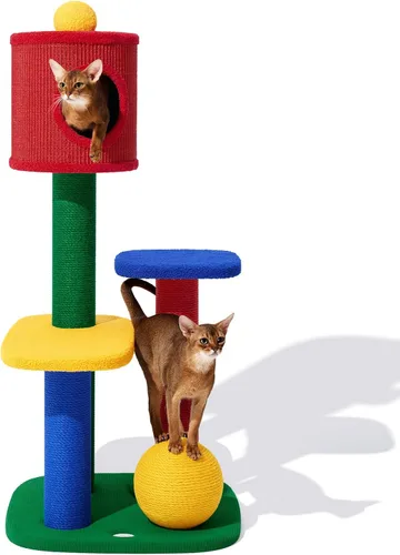 Miniatura 10 de VETRESKA Torre para gatos de varios niveles de 38.6 pulgadas, árbol para gatos con plataforma, postes rascadores de sisal y bola para rascar, centro