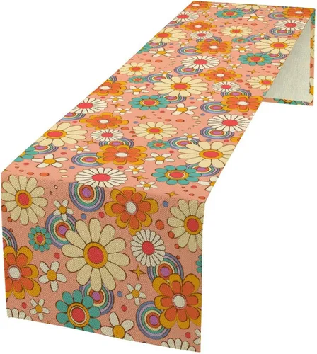 Camino de mesa floral retro de los años 70, patrón de flores hippie vintage, estilo funky, estampado floral, camino de cena para el hogar, cocina,