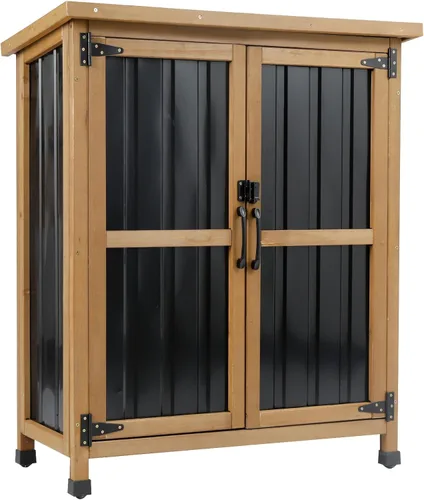 Miniatura 18 de Ketive Gabinete de almacenamiento para exteriores, armario alto de jardín para herramientas con techo resistente a la intemperie, puertas con doble