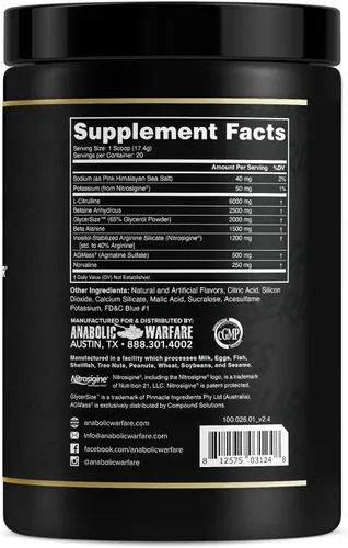 Miniatura 3 de Anabolic Warfare Veiniac - Suplemento activador de bomba muscular sin estimulantes antes del entrenamiento con L-citrulina, betaína anhidra y AGMass