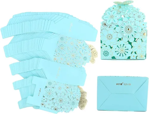 Miniatura 8 de Kslong 50 cajas de dulces huecas con diseño de flores y mariposas, cajas de regalo para galletas, regalos románticos de boda, bonita caja de Azul
