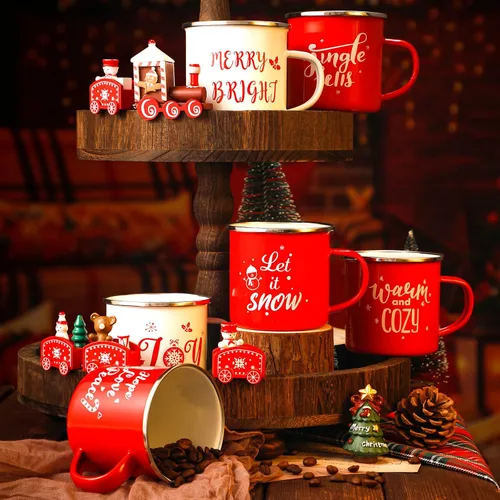 Miniatura 4 de Juego de 12 tazas de café de Navidad, tazas de esmalte blanco y rojo de 12 oz, tazas novedosas divertidas para las fiestas, para mujeres, hombres