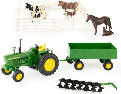 TOMY John Deere Farm Toy Playset - Escala 1:32 - Incluye juguete de tractor fundido a presión, juguetes de animales de granja y accesorios de
