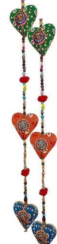 Corazón decorativo de algodón para colgar en la puerta, en colores vibrantes, con cuentas y campana, decoración tradicional india colgante de 2 capas