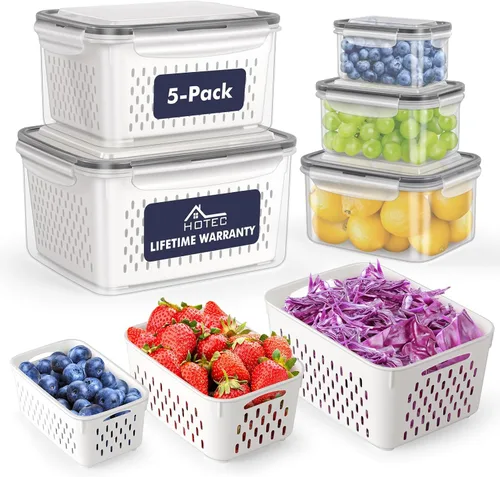 Miniatura 8 de HOTEC Paquete de 4 recipientes grandes de almacenamiento de frutas para refrigerador a prueba de fugas con colador extraíble, sin BPA, apto