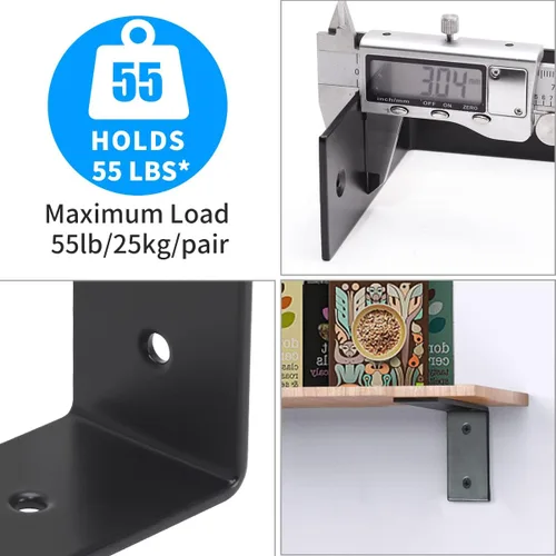 Miniatura 5 de YUMORE Soportes en L resistentes, soportes de estante de acero inoxidable de 5x3x1.8 pulgadas montados en la pared para estantes flotantes Negro
