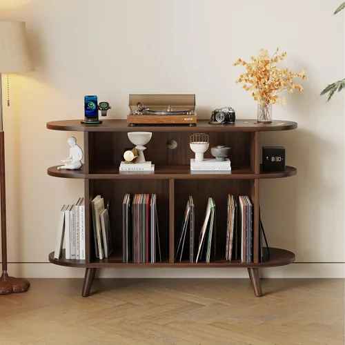 Miniatura 2 de LIVEHOM Soporte redondo grande para tocadiscos, armario de almacenamiento de discos de madera, soporte para discos de vinilo con área