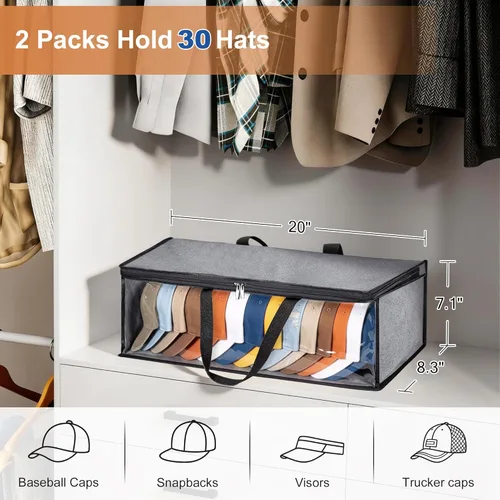 Miniatura 2 de KIMBORA Organizador de 2 piezas de sombreros anchos para gorras de béisbol con 2 asas resistentes, soporte para sombreros, caja de tapa gris