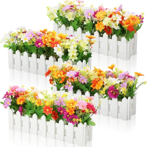 Pinkunn 4 juegos de plantas artificiales en macetas, margaritas falsas en valla de piquete para exteriores, interiores, primavera, verano,
