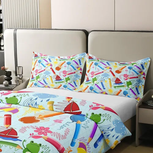 Miniatura 4 de jejeloiu Juego de ropa de cama de lápiz de dibujos animados para niños, tamaño individual, colorido cuarto de bebé, 100% algodón, funda de edredón