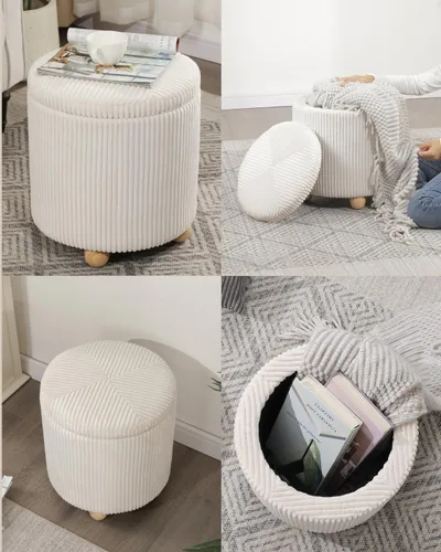 Miniatura 7 de Adeco Otomana redonda de almacenamiento, taburete tapizado para maquillaje, taburete de terciopelo para dormitorio, dormitorio