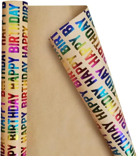 Miniatura 7 de Papel de regalo de cumpleaños, rollo de papel de regalo, papel de regalo kraft – patrón colorido de feliz cumpleaños para niños y niñas, papel