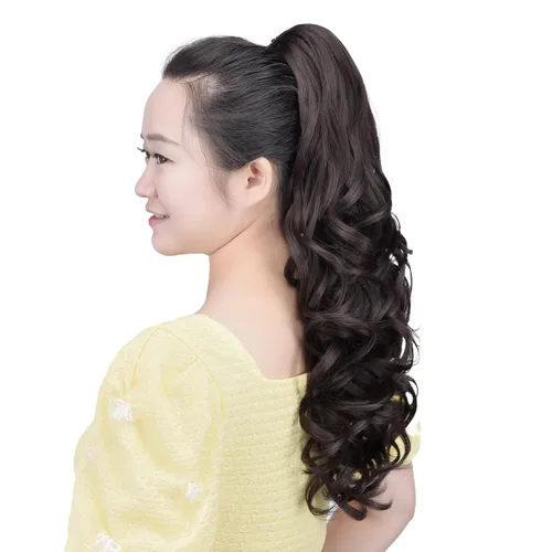 Miniatura 2 de Cola de caballo sintética con clip marrón, cola de caballo falsa de 22 pulgadas, 5.3 onzas, extensiones de cabello negro ondulado, extensiones