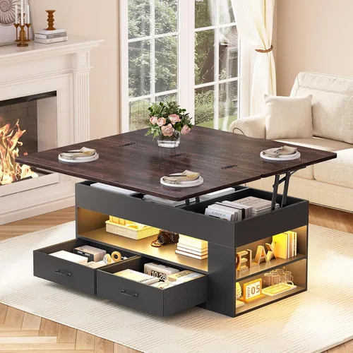 Miniatura 8 de Itaar - Mesa auxiliar con tapa elevable, mesa de centro 4 en 1 con almacenamiento y compartimento oculto, mesa de centro de estilo granja con 2