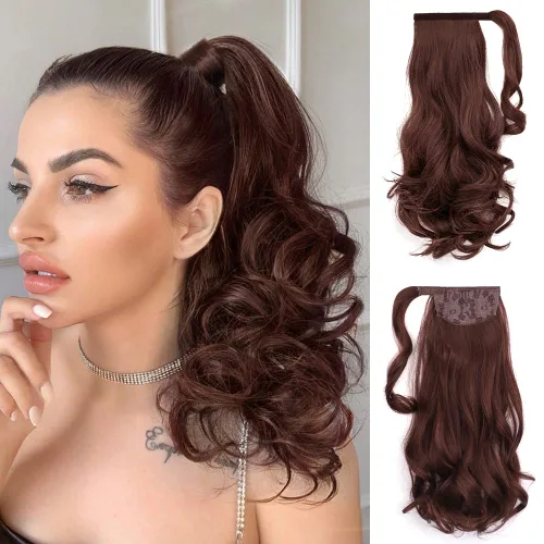 Auburn - Extensiones de cabello con clip de cola de caballo, extensiones de cola de caballo de 16 pulgadas, rizadas, onduladas, sintéticas,