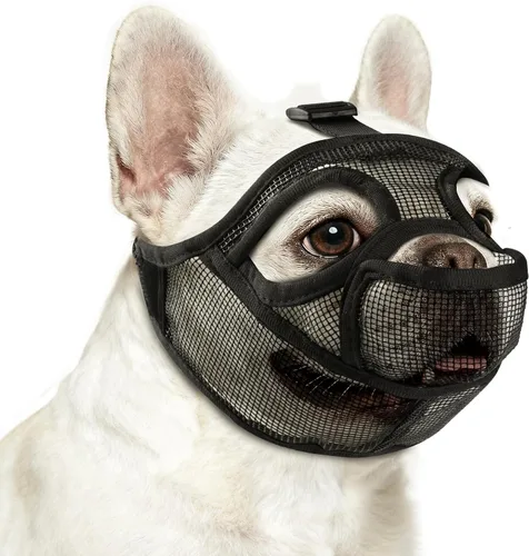 Bozal de bulldog francés, bozal corto de malla suave con apertura de la boca y agujeros agrandados para los ojos, permite jadear, beber y alimentar,