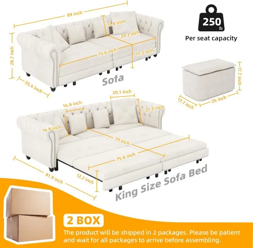 Miniatura 2 de Eafurn Sofá de dos plazas Chesterfield de gran tamaño 3 en 1, sofá cama convertible extraíble tamaño King con otomana movible y ribete de cabeza