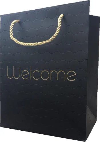 MODEENI Bolsas de regalo de bienvenida negras de 8 x 10 pulgadas con asas doradas, paquete de 24 unidades, tamaño mediano de 8 x 5 x 10 pulgadas,